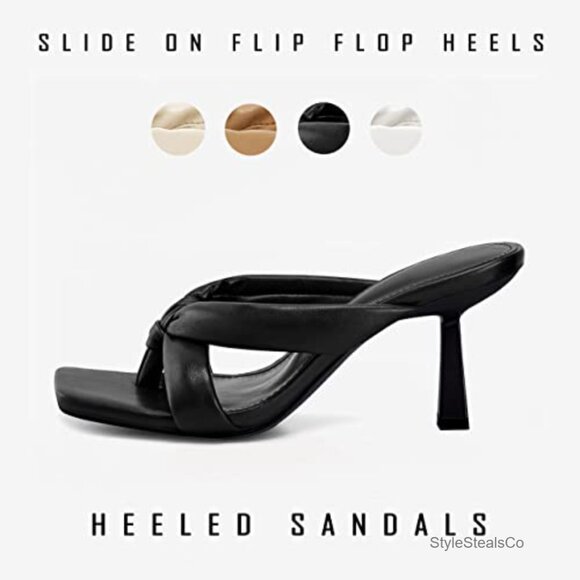 Square Toe Thong Heeled Sandals Mules 2.75 Inch Heels Dress Party - Picture 2 of 7